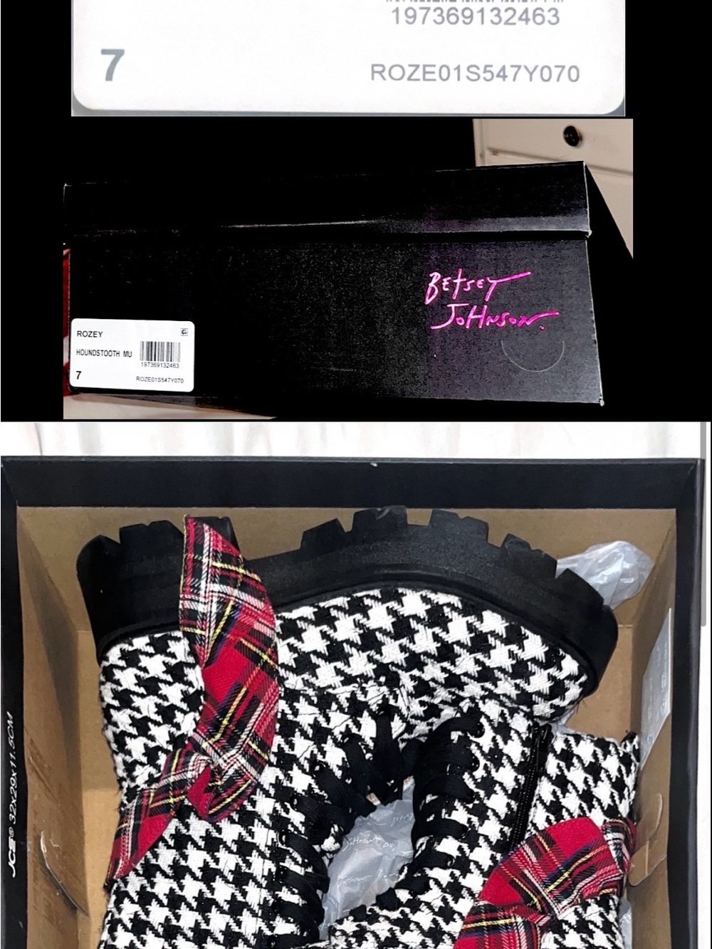 Betsey Johnson Black & White Houndstooth Combat Boots with Red Plaid Bows